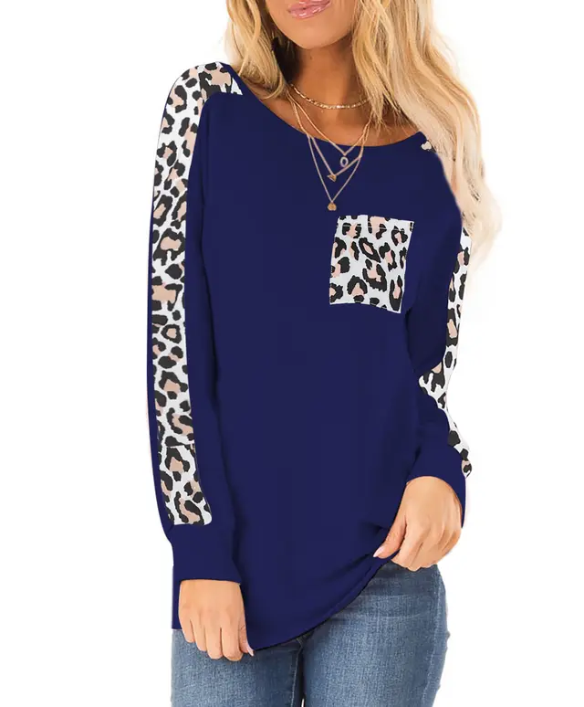 Long Sleeve Leopard Splicing Top Pocket Round Neck Pullover Dark Blue - Shop at LoveMi