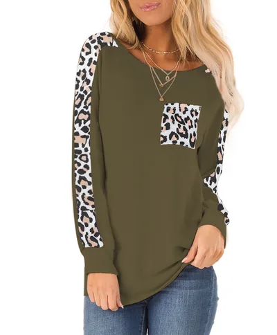 Long Sleeve Leopard Splicing Top Pocket Round Neck Pullover Light Army Green - Shop at LoveMi
