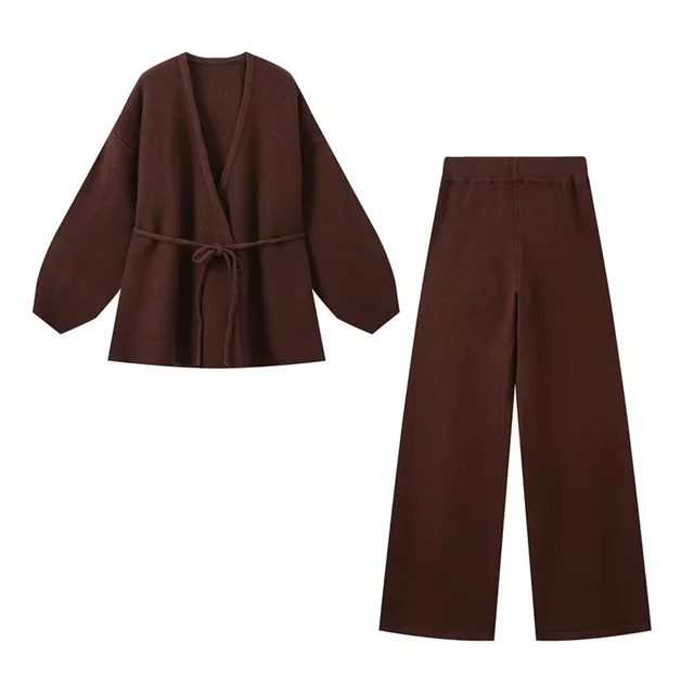 European And American Style Women's Fashion Casual Loose Knitted Solid Color Cardigan Trousers Suit Dark Red - Shop at LoveMi