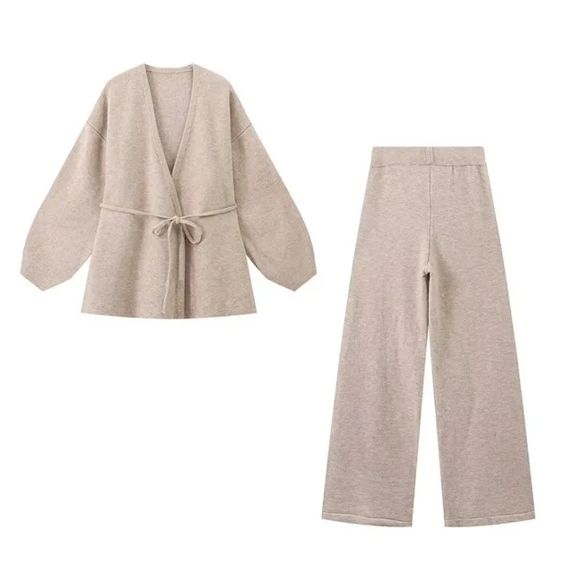 European And American Style Women's Fashion Casual Loose Knitted Solid Color Cardigan Trousers Suit Khaki - Shop at LoveMi