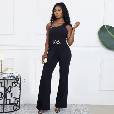 Wear Elegance Decorative Buckle Oblique Shoulder Jumpsuit Black - Shop at LoveMi