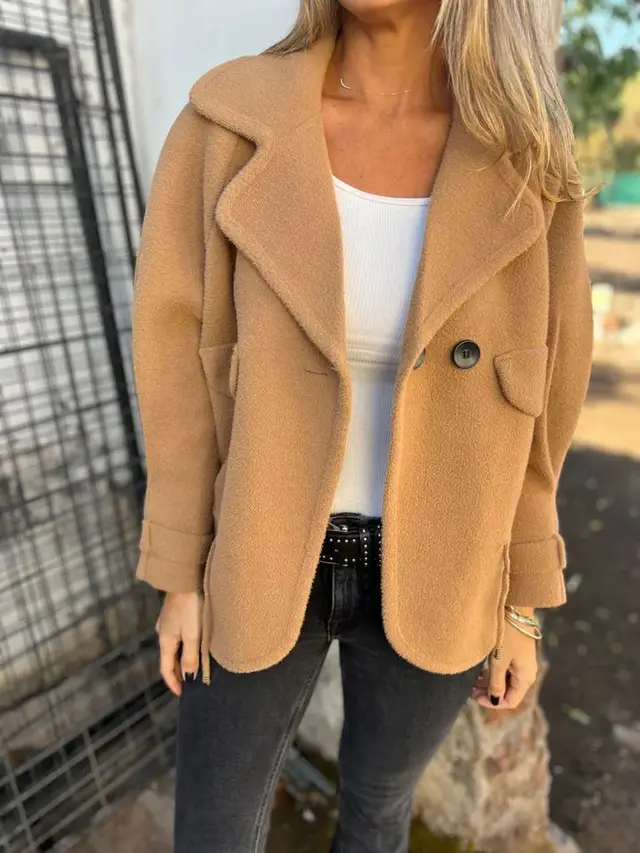 Women's Solid Color Casual Woolen Lapel Button Faux Pocket Coat Camel - Shop at LoveMi