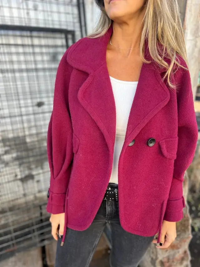 Women's Solid Color Casual Woolen Lapel Button Faux Pocket Coat Red - Shop at LoveMi
