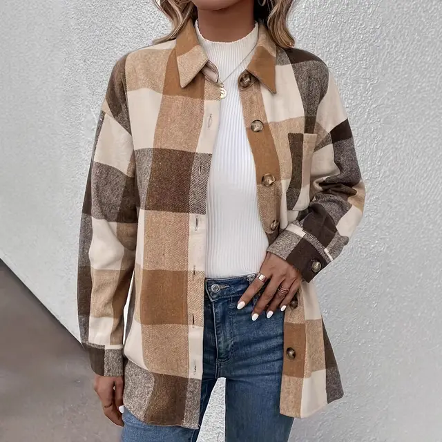 Women's Casual Brushed Plaid Single breasted Lapel Casual Shirt Camel - Shop at LoveMi