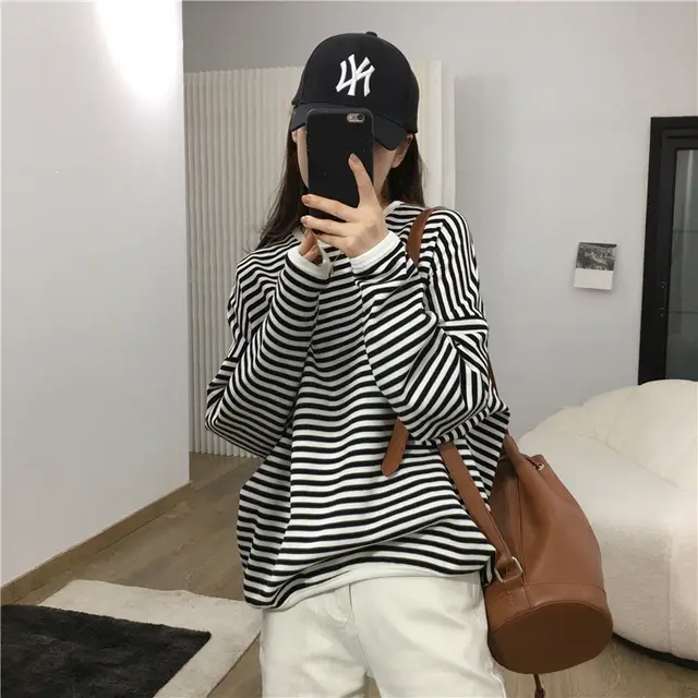 Women's Loose Cotton Casual Striped Sweater Black - Shop at LoveMi