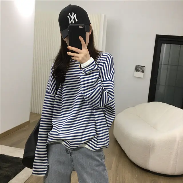 Women's Loose Cotton Casual Striped Sweater Sapphire Blue - Shop at LoveMi