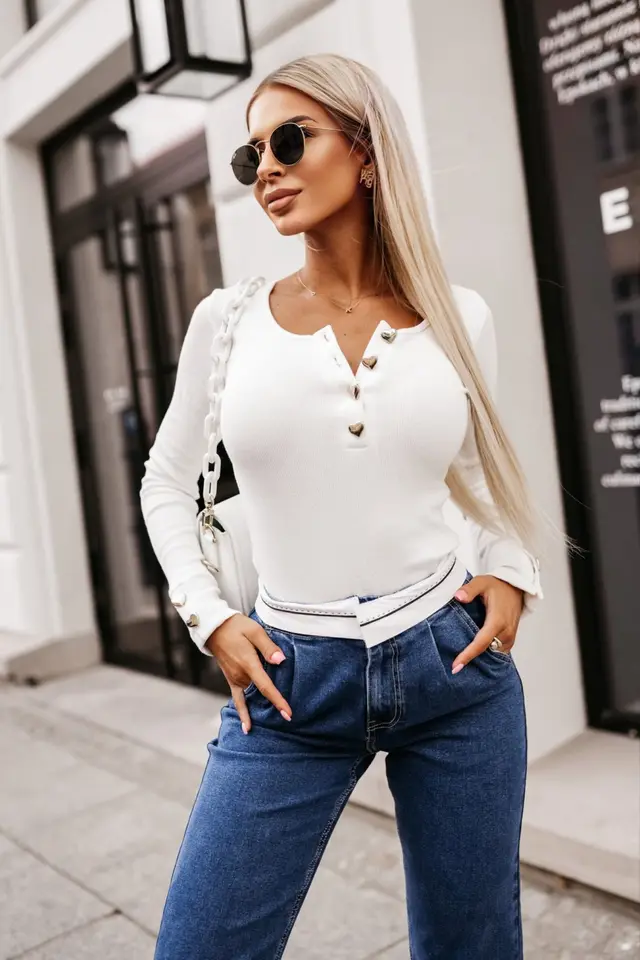 Women's Heart shaped Button Long Sleeve U Collar Top White - Shop at LoveMi