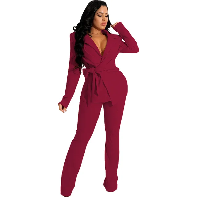 European And American Women's Stand Solid Color Fashion V neck Two piece Suit Wine Red - Shop at LoveMi