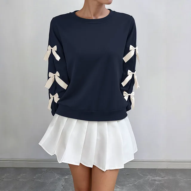 Hemp Bundle Pocket Round Neck Bow Red Christmas Sweater Girl Navy Blue - Shop at LoveMi
