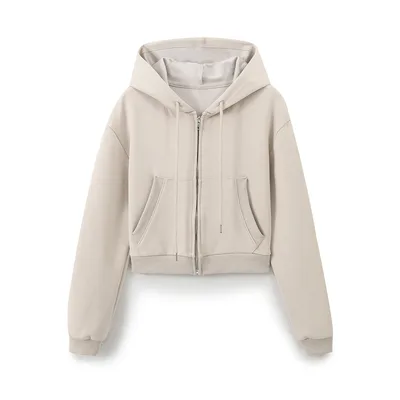 New Long sleeve Zipper Hooded Sweater Stitching Decoration Bell bottom Pants Suit Women Beige Top - Shop at LoveMi