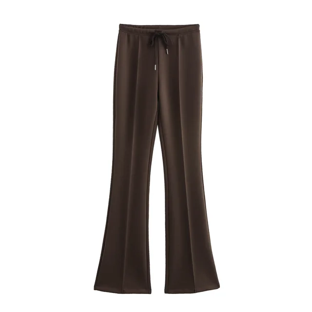 New Long sleeve Zipper Hooded Sweater Stitching Decoration Bell bottom Pants Suit Women Brown Casual Pants - Shop at LoveMi