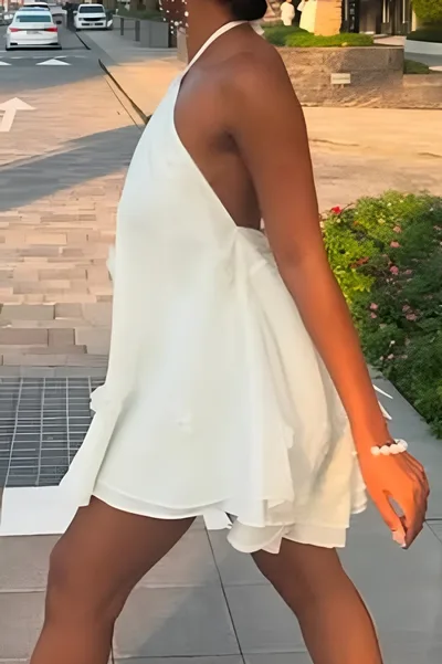 3D Flower Halter Chiffon Mini Dress White - Shop at LoveMi