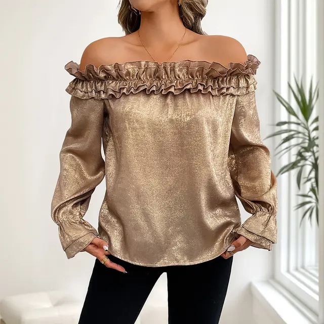 Off shoulder Long Sleeve Golden Shirt For Women Autumn Gold - Shop at LoveMi