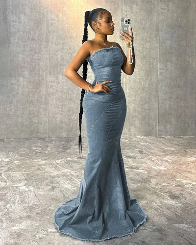 Fashion Slim fit Chest Wrap Dress Fishtail Hip Wrap Denim Dress Blue - Shop at LoveMi