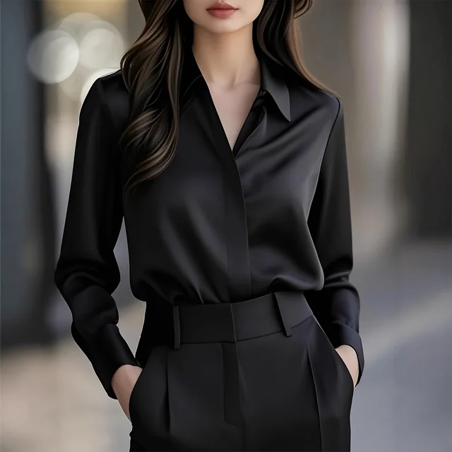 Long Sleeve Simple Blouse Lapel Versatile Loose Black - Shop at LoveMi