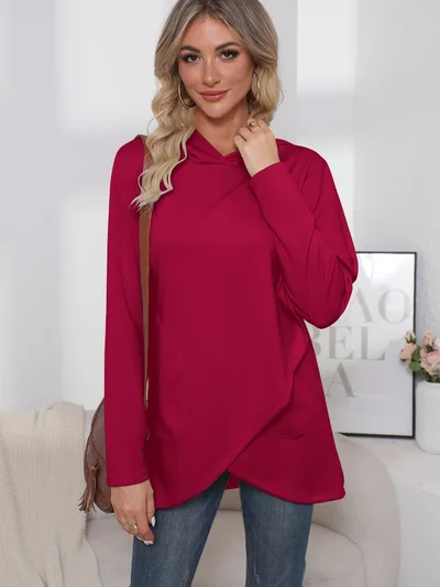 Long Sleeve Irregular Solid Color Hoodie Women Wine Red - Shop at LoveMi
