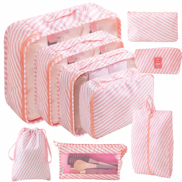 Thickened Twill Travel Buggy Bag Nine piece Set Pink Stripes - Shop at LoveMi