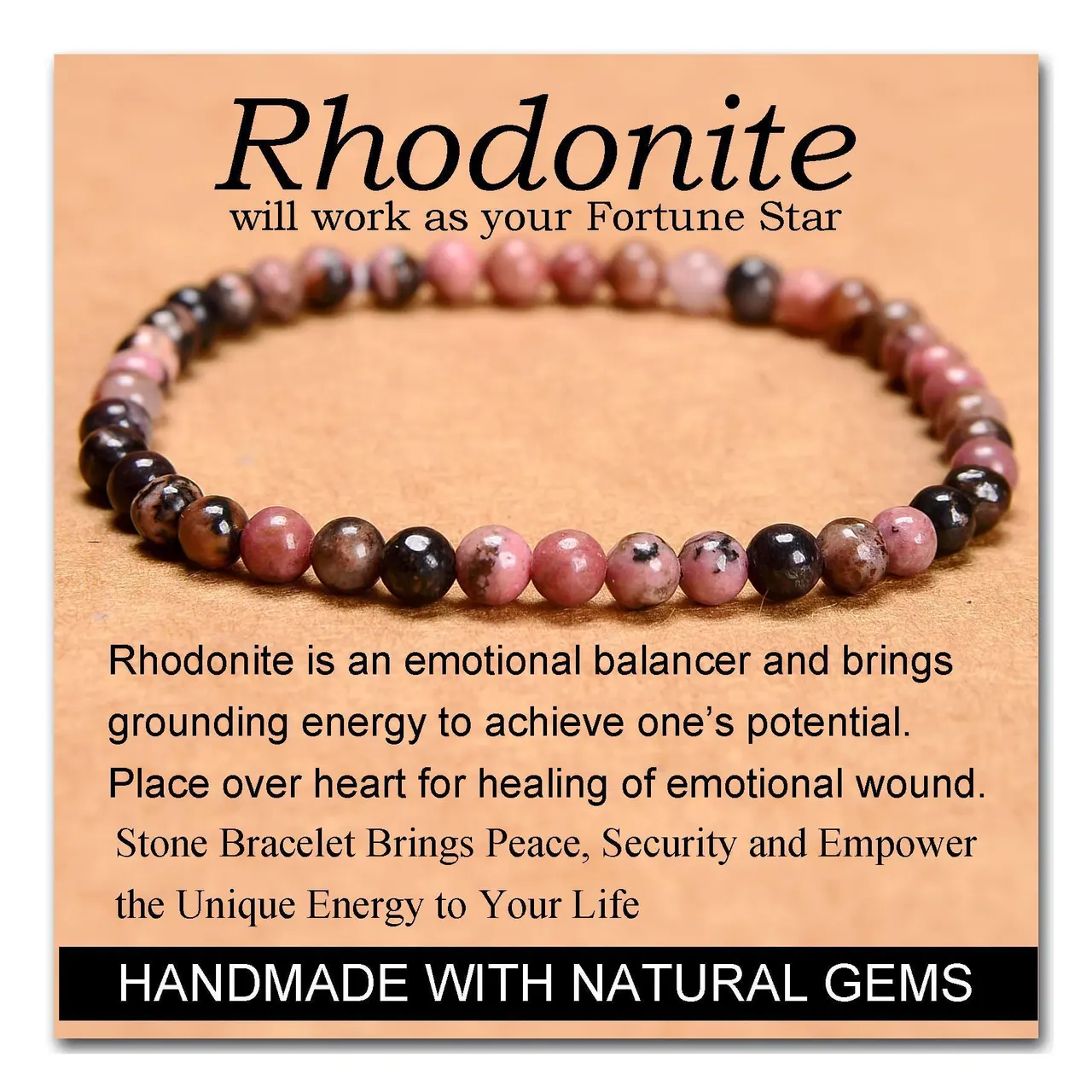 Single Circle Elastic String Green Chalcedony Bracelet - Black Line Rhodochrosite