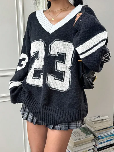 Contrast Color Digital Jacquard Loose fitting V neck Long Sleeves Sweater Black - Shop at LoveMi