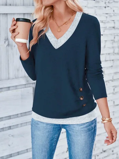 Long Sleeve V neck Elegant Pleated Button Solid Color T shirt Top Navy Blue - Shop at LoveMi
