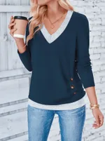 Long Sleeve V-neck Elegant Pleated Button Solid Color T-shirt Top - Navy