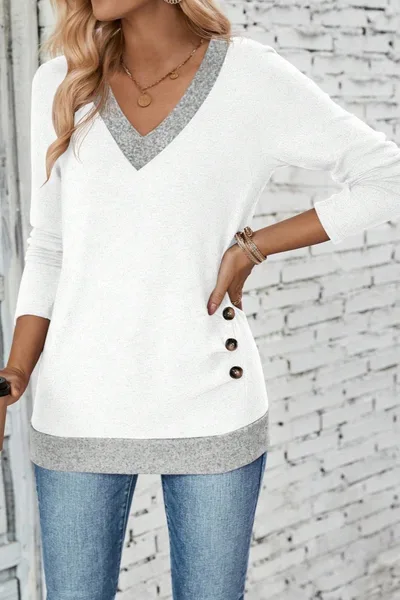 Long Sleeve V neck Elegant Pleated Button Solid Color T shirt Top White - Shop at LoveMi