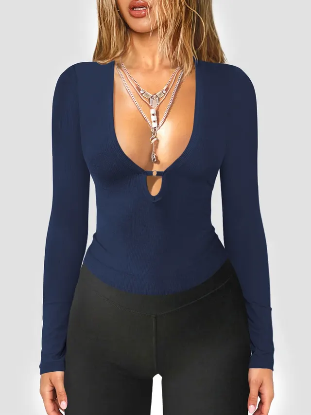 Deep V neck Hollow Y2g Fashion Elegant Slim fit Long Sleeve Dark Blue - Shop at LoveMi