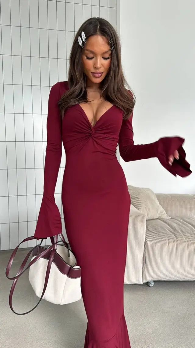 V neck Elegant Ins Ruffle Sleeve Long Sleeve Summer Dress Wine Red - Shop at LoveMi