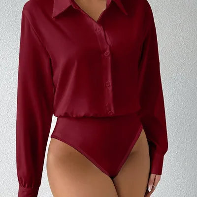 New Button Front Long Sleeve Jumpsuit Elegant Solid Color Burgundy - Shop at LoveMi