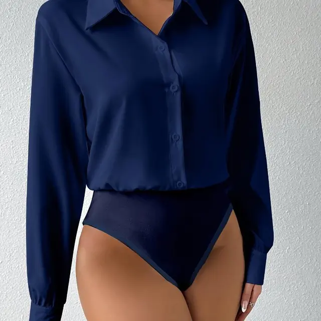 New Button Front Long Sleeve Jumpsuit Elegant Solid Color Navyblue - Shop at LoveMi