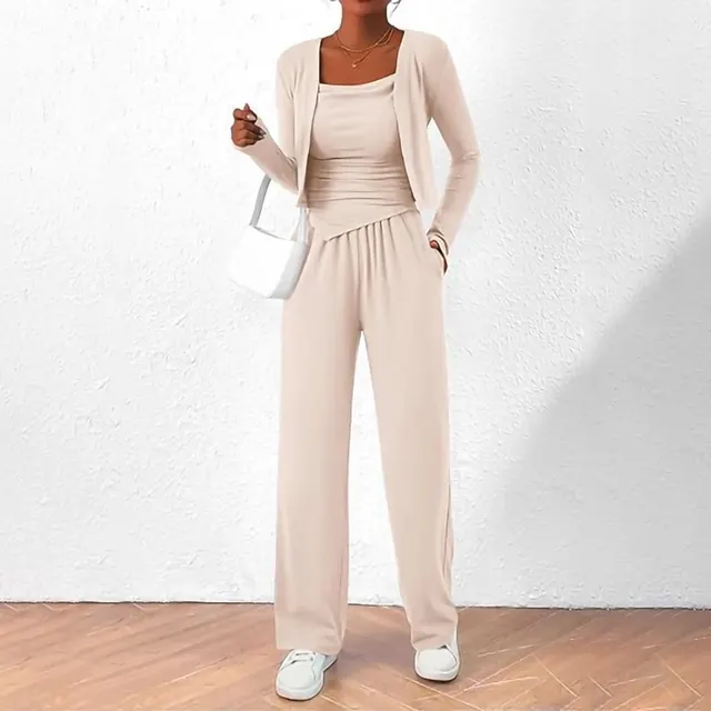 Sports Casual Lazy Design Comfortable Coat Suspender Trousers Three piece Suit Apricot - Shop at LoveMi