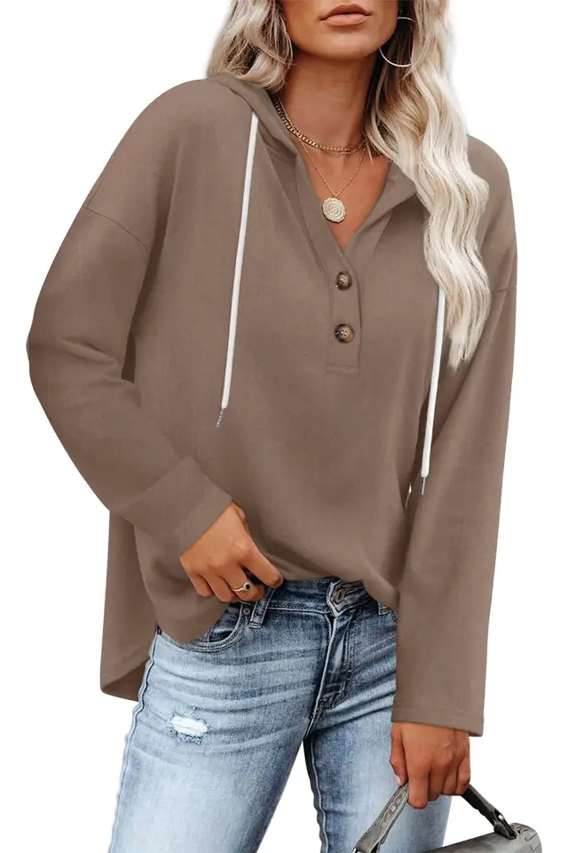 Women's Top V neck Buttons Long sleeved Sweater Shirt Brown - Shop at LoveMi