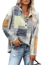 Women's Top V-neck Buttons Long-sleeved Sweater Shirt - Multicolor Stripe