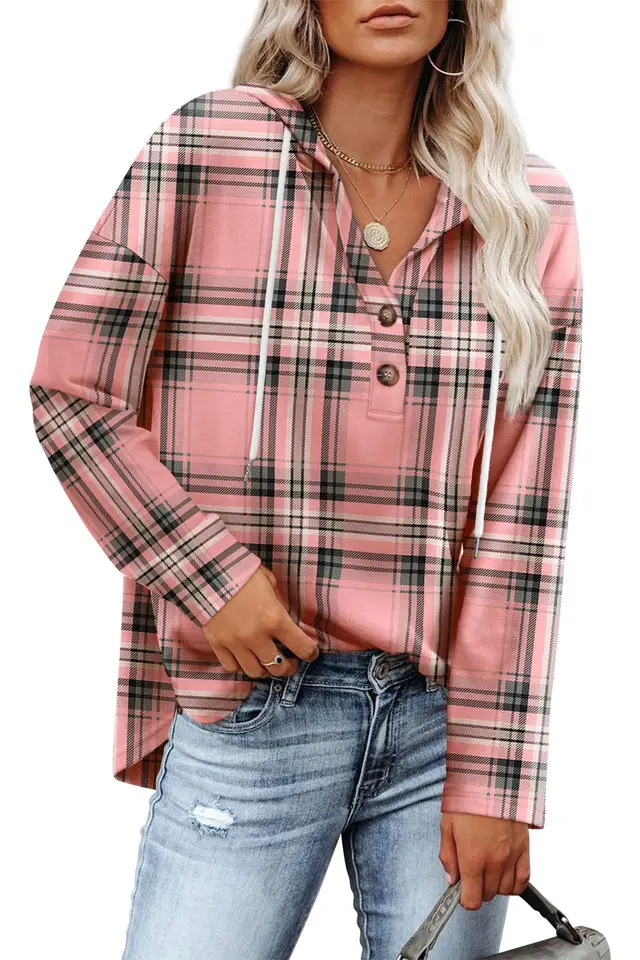 Women's Top V neck Buttons Long sleeved Sweater Shirt Pink Stripe - Shop at LoveMi