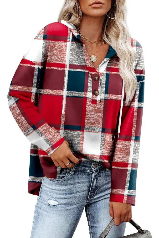 Women's Top V neck Buttons Long sleeved Sweater Shirt Red Plaid - Shop at LoveMi