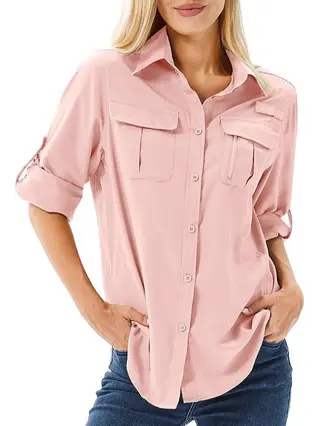 Casual Quick-drying Stretch Zipper And Lapel Pocket Women's Shirt - Pink