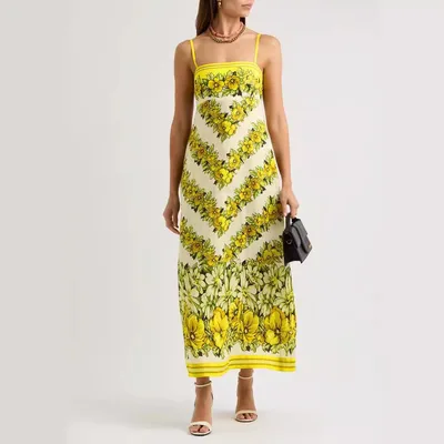 European And American Women's Clothing Elegant High Waist Sling Extra Long Dress Yellow - Shop at LoveMi