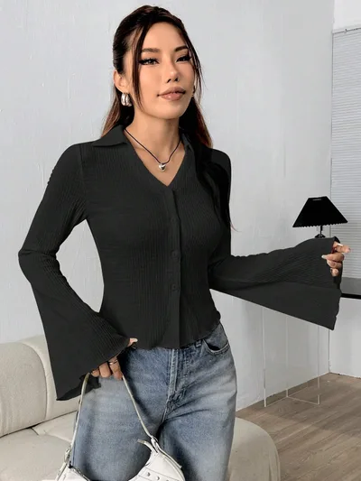 Shoulder Bell Sleeve Solid Color Long sleeved Top Black - Shop at LoveMi