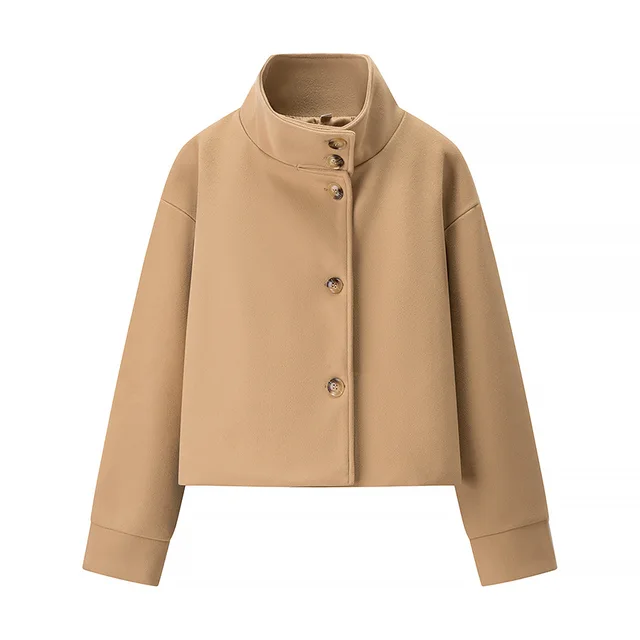 Commuter's All matching Stand Collar Breasted Woolen Coat Khaki - Shop at LoveMi