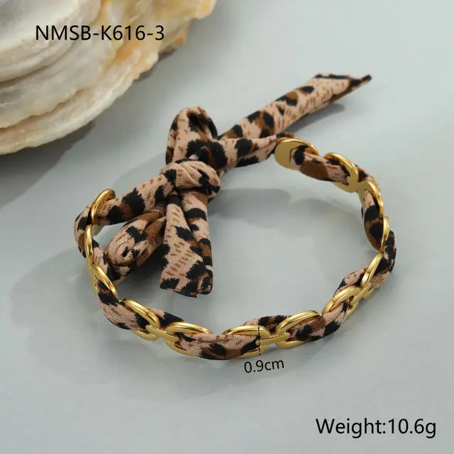 Leopard Ribbon Stainless Steel Bracelet Gold plated Wide Version Nmsbk6163 - Shop at LoveMi