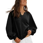 Women's Sweatshirt Casual V-neck Lace Sweater - Black