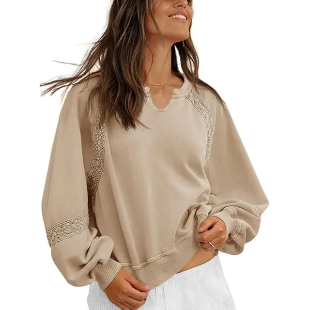 Women's Sweatshirt Casual V neck Lace Sweater Khaki - Shop at LoveMi