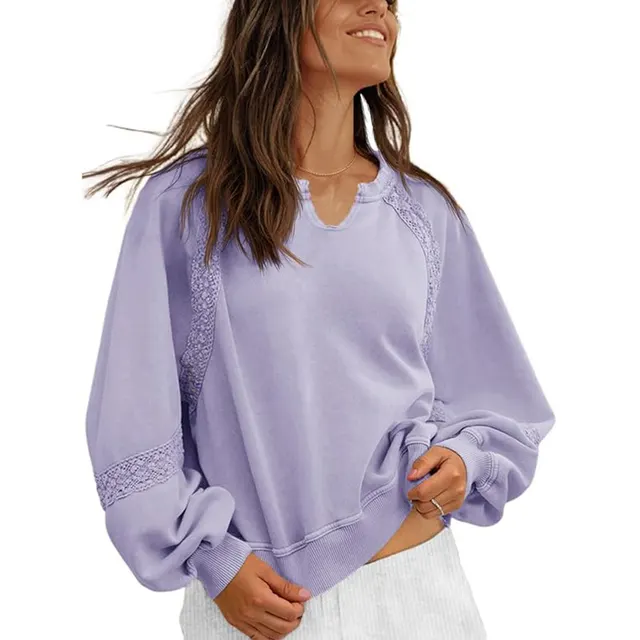 Women's Sweatshirt Casual V neck Lace Sweater Purple - Shop at LoveMi