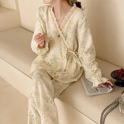 Thin Kimono Nursing Pajamas Maternity Postpartum Feeding Maternity Home Wear A1112 Kimono Flower Jungle - Shop at LoveMi