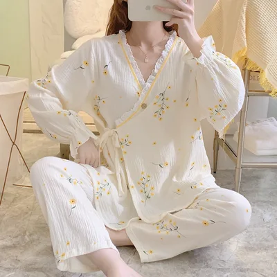 Thin Kimono Nursing Pajamas Maternity Postpartum Feeding Maternity Home Wear Windmill Chrysanthemum - Shop at LoveMi