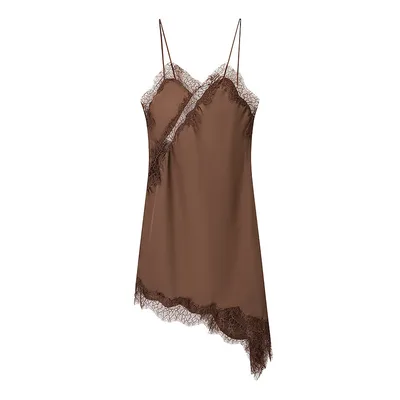 Silk Texture Sexy Lace Asymmetric Sling Dress Brown - Shop at LoveMi