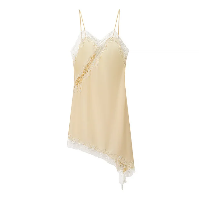 Silk Texture Sexy Lace Asymmetric Sling Dress Yellow - Shop at LoveMi