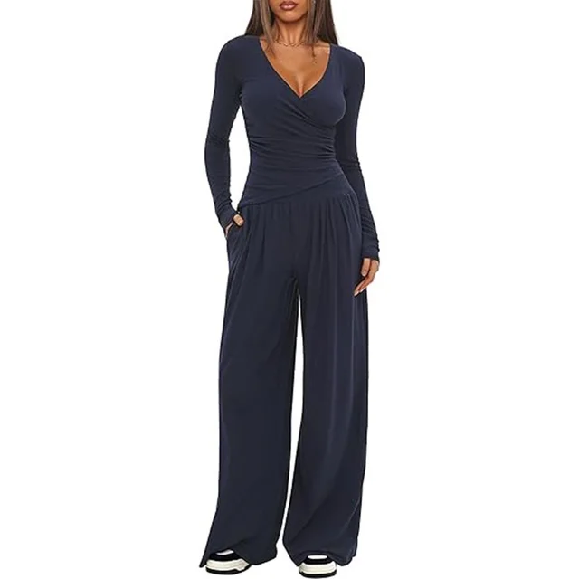Cross border Hot Loose Wide leg Pants Casual And Comfortable Suit Dark Blue - Shop at LoveMi