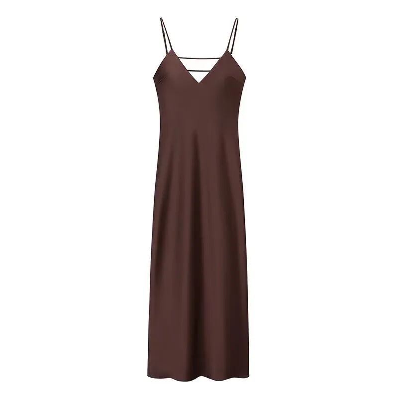Golden Holiday Party Dress Silk Satin Texture Midi Skirt Sling Dress - Brown - View 1