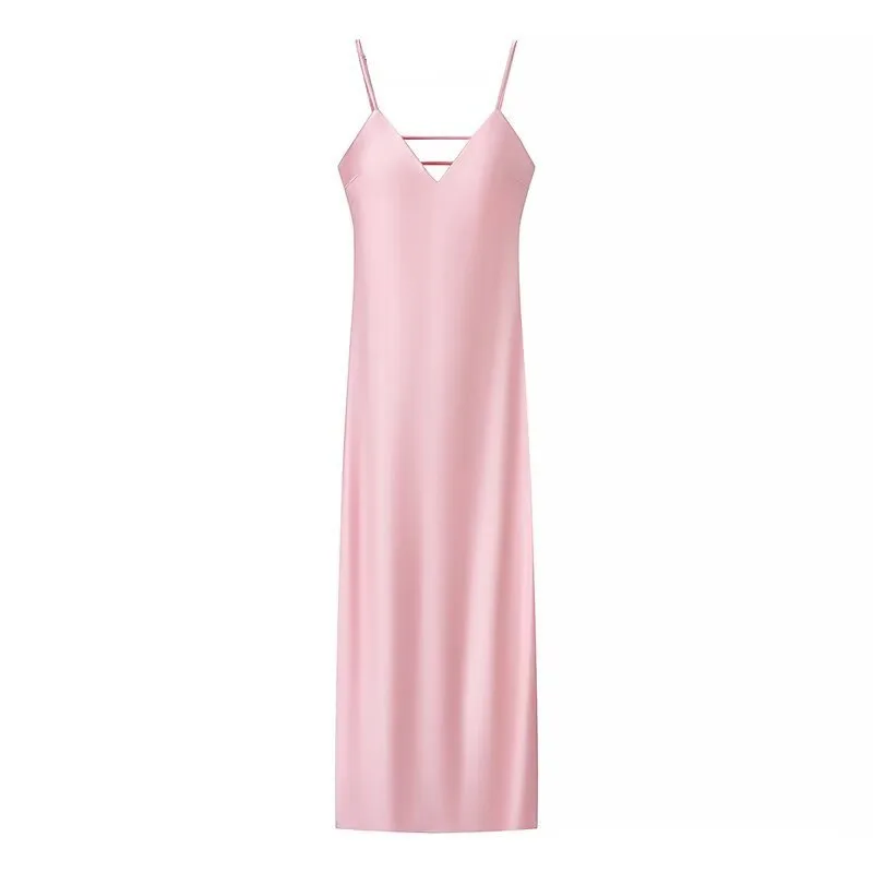 Golden Holiday Party Dress Silk Satin Texture Midi Skirt Sling Dress - Light Purple - View 1